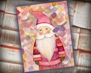 16 papers | Christmas Santa Pink Gold Scrap Patchwork Art, Watercolor Style Illustration, Shabby Chic Ephemera, Junk Journal Kit