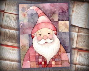 16 papers | Christmas Santa Pink Gold Scrap Patchwork Art, Watercolor Style Illustration, Shabby Chic Ephemera, Junk Journal Kit