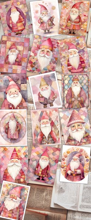 16 papers | Christmas Santa Pink Gold Scrap Patchwork Art, Watercolor Style Illustration, Shabby Chic Ephemera, Junk Journal Kit