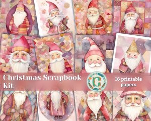 16 papers | Christmas Santa Pink Gold Scrap Patchwork Art, Watercolor Style Illustration, Shabby Chic Ephemera, Junk Journal Kit