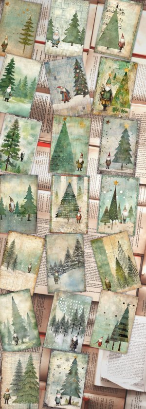 20 papers | Shabby Chic Christmas Santa and Tree Scrapbooking Kit, Printable Journaling Pages, Green and Grey Watercolor Style