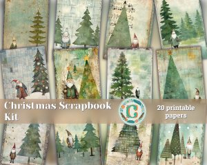 20 papers | Shabby Chic Christmas Santa and Tree Scrapbooking Kit, Printable Journaling Pages, Green and Grey Watercolor Style