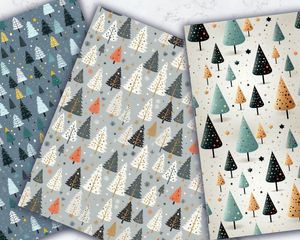 Digital Pattern Paper with Seamless Texture - Cute Christmas Trees on Silver Background - Isolated Design - High Quality - Instant Download