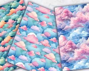 Watercolor Clouds Digital Paper Seamless Pattern, High Quality Digital Paper Set, Instant Download, Commercial Use, Scrapbooking Supplies