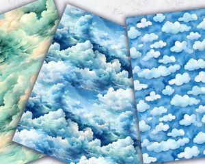 Watercolor Clouds Digital Paper Seamless Pattern, High Quality Digital Paper Set, Instant Download, Commercial Use, Scrapbooking Supplies