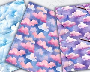 Watercolor Clouds Digital Paper Seamless Pattern, High Quality Digital Paper Set, Instant Download, Commercial Use, Scrapbooking Supplies