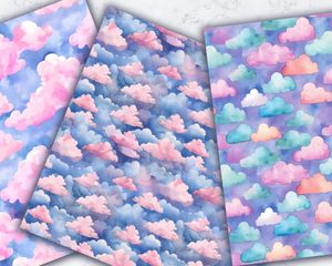 Watercolor Clouds Digital Paper Seamless Pattern, High Quality Digital Paper Set, Instant Download, Commercial Use, Scrapbooking Supplies