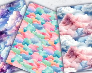 Watercolor Clouds Digital Paper Seamless Pattern, High Quality Digital Paper Set, Instant Download, Commercial Use, Scrapbooking Supplies