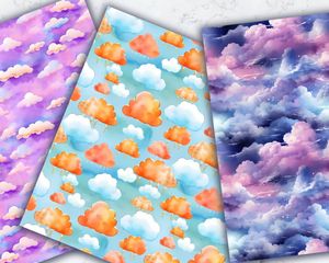 Watercolor Clouds Digital Paper Seamless Pattern, High Quality Digital Paper Set, Instant Download, Commercial Use, Scrapbooking Supplies