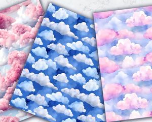 Watercolor Clouds Seamless Digital Pattern Paper Set for Scrapbooking, Card Making, and Crafts - Instant Download, Commercial Use Friendly