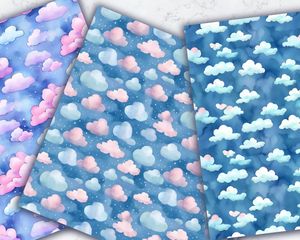 Watercolor Clouds Seamless Digital Pattern Paper Set for Scrapbooking, Card Making, and Crafts - Instant Download, Commercial Use Friendly