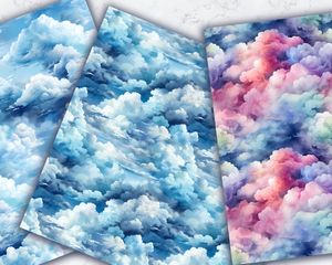 Watercolor Clouds Seamless Digital Pattern Paper Set for Scrapbooking, Card Making, and Crafts - Instant Download, Commercial Use Friendly