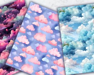 Watercolor Clouds Seamless Digital Pattern Paper Set for Scrapbooking, Card Making, and Crafts - Instant Download, Commercial Use Friendly