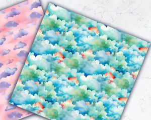 Watercolor Clouds Seamless Digital Pattern Paper Set for Scrapbooking, Card Making, and Crafts - Instant Download, Commercial Use Friendly