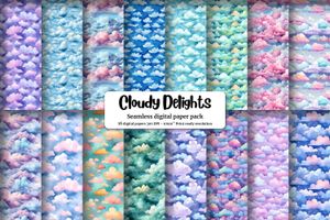 Watercolor Clouds Digital Paper Seamless Texture Pack - Instant Download for Scrapbooking, Card Making, and Crafts - High Quality