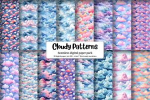 Watercolor Clouds Seamless Digital Pattern Paper with Unique Designs for Crafts, Scrapbooking, and DIY Projects. Instant Download!