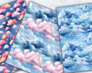 Watercolor Clouds Seamless Digital Pattern Paper with Unique Designs for Crafts, Scrapbooking, and DIY Projects. Instant Download!