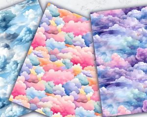 Watercolor Clouds Seamless Digital Pattern Paper with Unique Designs for Crafts, Scrapbooking, and DIY Projects. Instant Download!