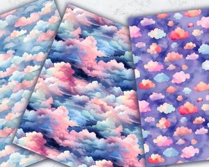 Watercolor Clouds Seamless Digital Pattern Paper with Unique Designs for Crafts, Scrapbooking, and DIY Projects. Instant Download!