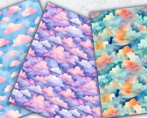 Watercolor Clouds Digital Paper Seamless Texture Pack for Scrapbooking, Card Making, and Crafts - Instant Download, Commercial Use