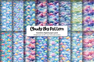 Watercolour Colorful Clouds and Sky Digital Pattern Paper - Children's Book Illustration, Seamless Watercolor Texture, DIY Crafts