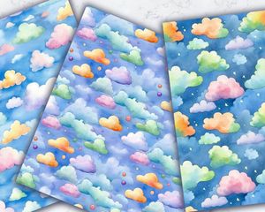 Watercolour Colorful Clouds and Sky Digital Pattern Paper - Children's Book Illustration, Seamless Watercolor Texture, DIY Crafts