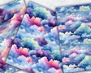 Watercolour Colorful Clouds and Sky Digital Pattern Paper - Children's Book Illustration, Seamless Watercolor Texture, DIY Crafts