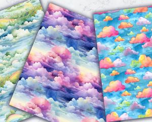 Watercolour Colorful Clouds and Sky Digital Pattern Paper - Children's Book Illustration, Seamless Watercolor Texture, DIY Crafts