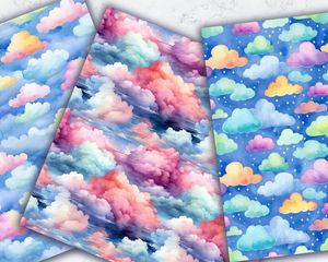 Watercolour Colorful Clouds and Sky Digital Pattern Paper - Children's Book Illustration, Seamless Watercolor Texture, DIY Crafts