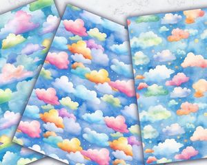 Watercolour Colorful Clouds and Sky Digital Pattern Paper - Children's Book Illustration, Seamless Watercolor Texture, DIY Crafts