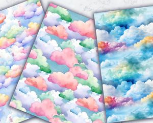 Watercolor Clouds and Sky Digital Pattern Paper for Children's Book Illustration, Seamless Watercolor Texture, Creative Art Supplies