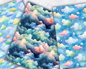 Watercolor Clouds and Sky Digital Pattern Paper for Children's Book Illustration, Seamless Watercolor Texture, Creative Art Supplies