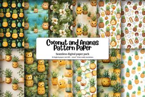 Cartoon Coconut and Ananas Digital Pattern Paper - Seamless Texture for Scrapbooking, Crafts, and Stationery - Instant Download