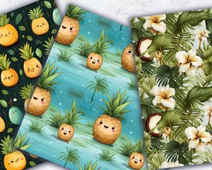 Cartoon Coconut and Ananas Digital Pattern Paper - Seamless Texture for Scrapbooking, Crafts, and Stationery - Instant Download