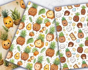 Cartoon Coconut and Ananas Digital Pattern Paper - Seamless Texture for Scrapbooking, Crafts, and Stationery - Instant Download