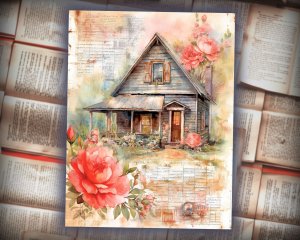 12 papers | Coral Floral Garden Scrapbooking Kit | Dreamy Cottage Cabin Theme | Watercolor Prints | Invitations, Journaling, Junk Journals