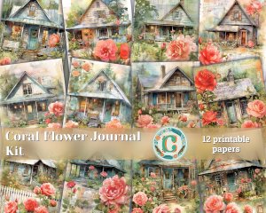 12 papers | Coral Floral Garden Scrapbooking Kit | Dreamy Cottage Cabin Theme | Watercolor Prints | Invitations, Journaling, Junk Journals