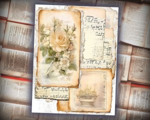 12 Papers | Vintage Cottagecore Scrapbooking Kit, Victorian Romantic White Floral Design, Shabby Chic Junk Journal Printable Papers