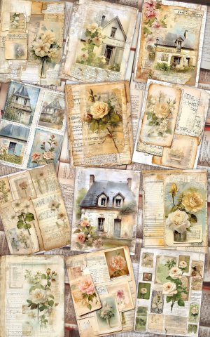 12 Papers | Vintage Cottagecore Scrapbooking Kit, Victorian Romantic White Floral Design, Shabby Chic Junk Journal Printable Papers