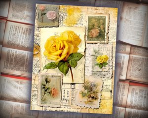 12 Papers | Vintage Cottagecore Scrapbooking Kit | Romantic French Script & Postal Stamp Designs | Shabby Chic Junk Journal & Invitations