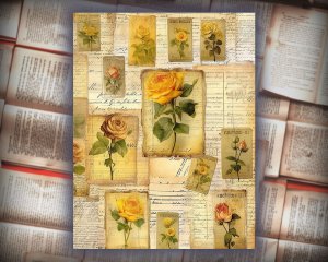 12 Papers | Vintage Cottagecore Scrapbooking Kit | Romantic French Script & Postal Stamp Designs | Shabby Chic Junk Journal & Invitations