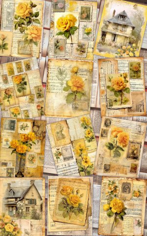 12 Papers | Vintage Cottagecore Scrapbooking Kit | Romantic French Script & Postal Stamp Designs | Shabby Chic Junk Journal & Invitations