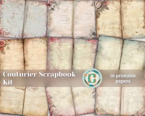 16 Papers | Couturier Themed Scrapbooking Paper Kit, Shabby Chic Vintage Ephemera, Delicate Handmade Art, Mixed Media Printable Pages