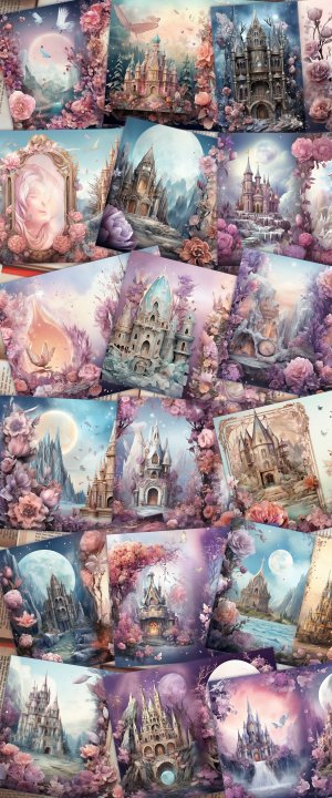 18 papers | Crystal Princess Fantasy World scrapbooking kit, shabby chic ephemera, vivid colors, printable pages, junk journal supplies