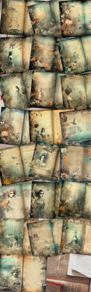 22 Pages of Cursed Ocean Haunted Underwater Collage Under The Sea Scrapbooking Background in Muted Colors, Shabby Chic Ephemera