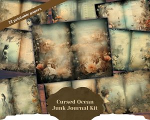 22 Pages of Cursed Ocean Haunted Underwater Collage Under The Sea Scrapbooking Background in Muted Colors, Shabby Chic Ephemera