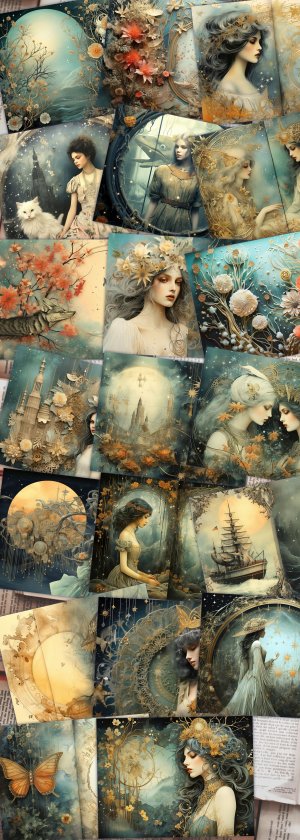 20 Pages of Cursed Ocean Haunted Underwater Collage Under The Sea Scrapbooking Background, Muted Colors, Shabby Chic Ephemera