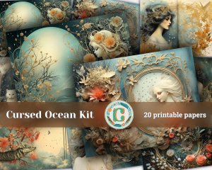 20 Pages of Cursed Ocean Haunted Underwater Collage Under The Sea Scrapbooking Background, Muted Colors, Shabby Chic Ephemera