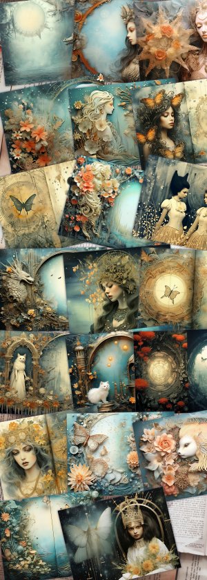 20 pages of Cursed Ocean Haunted Underwater Collage Under The Sea scrapbooking backgrounds, muted colors, shabby chic ephemera