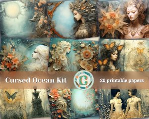 20 pages of Cursed Ocean Haunted Underwater Collage Under The Sea scrapbooking backgrounds, muted colors, shabby chic ephemera